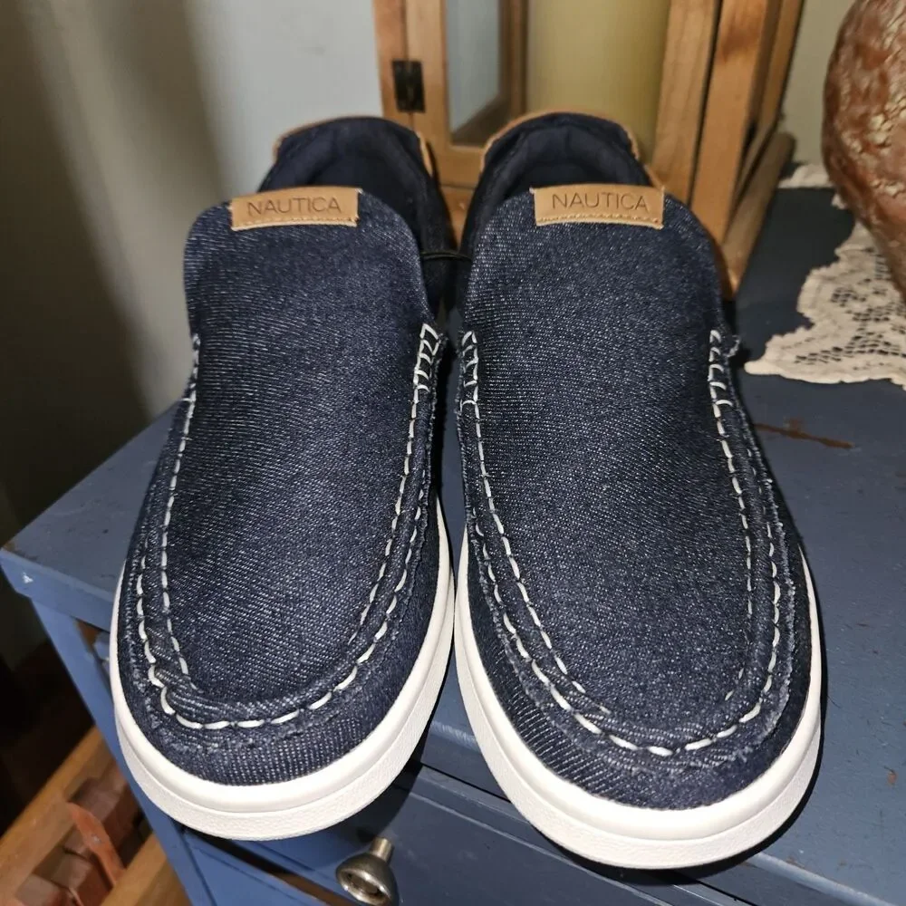 New Nautica Men's Indigo Denim Derwin Stitch Boat Shoe | Brown Accnt US 8 Medium